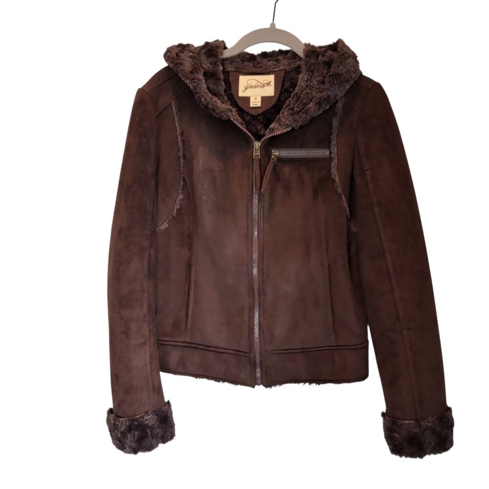 Y2K Grane Womens Sz M Brown Suede Faux Fur Lined Hooded Jacket Penny Lane Bomber